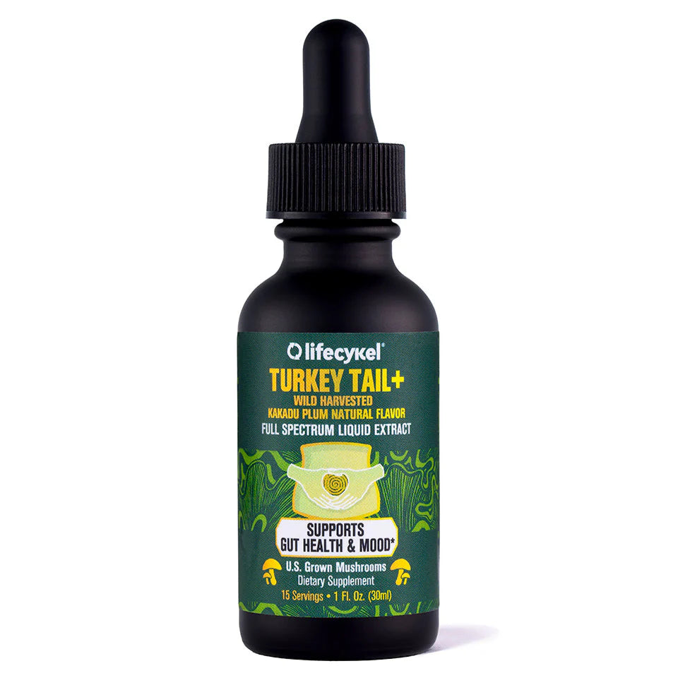 A black dropper bottle labeled Lifecykel Turkey Tail+ Liquid Double Extract, featuring vibrant Turkey Tail mushroom graphics and promoting immune, gut health, and mood support.