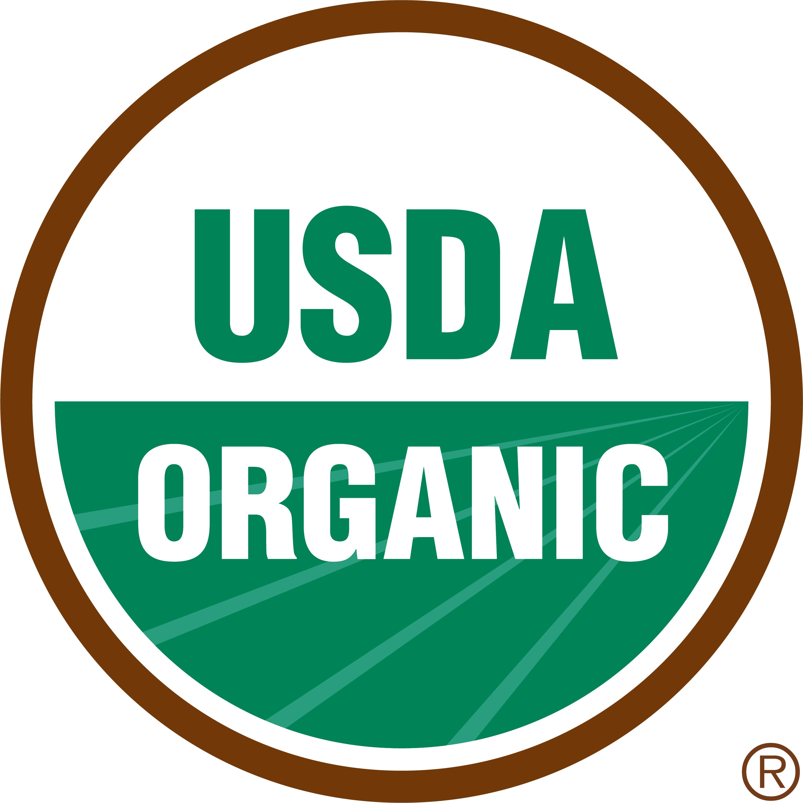 USDA Organic certification logo: a green and white circle with the words USDA ORGANIC in bold green and white letters, bordered by a brown ring.