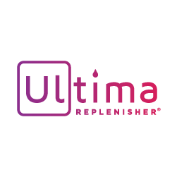 Ultima Replenisher logo with Ultima in gradient purple to pink text, the “Ul” inside a square outline and the dot on the “i” represented by a water droplet. REPLENISHER is in uppercase pink letters below.