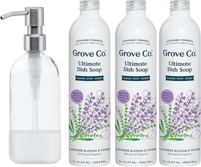 The Grove Co. Ultimate Dish Soap Starter Pack Bundle includes a clear pump dispenser and three lavender blossom & thyme dish soaps, each with white labels adorned with purple lavender illustrations.