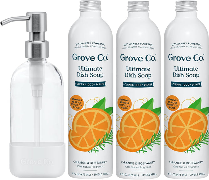 The Grove Co. Ultimate Dish Soap Starter Pack Bundle includes a clear dish soap dispenser with a silver pump next to three vibrant bottles, each featuring orange and rosemary graphics that highlight the refreshing scent.