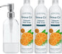 The Grove Co. Ultimate Dish Soap Starter Pack Bundle includes a clear dish soap dispenser with a silver pump next to three vibrant bottles, each featuring orange and rosemary graphics that highlight the refreshing scent.
