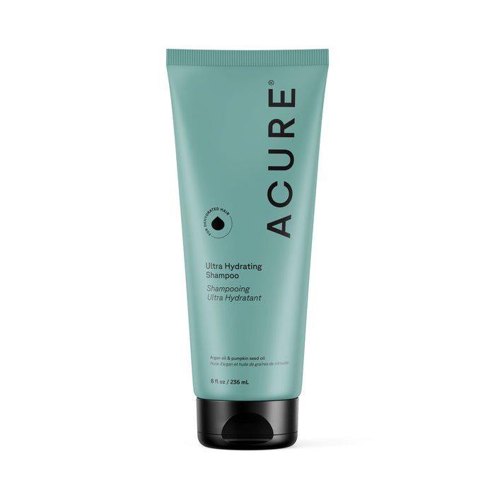 A teal 8 fl oz (236 ml) upright tube of Acure Ultra Hydrating Shampoo with a black cap, featuring argan oil for curly hair, is displayed against a white background.