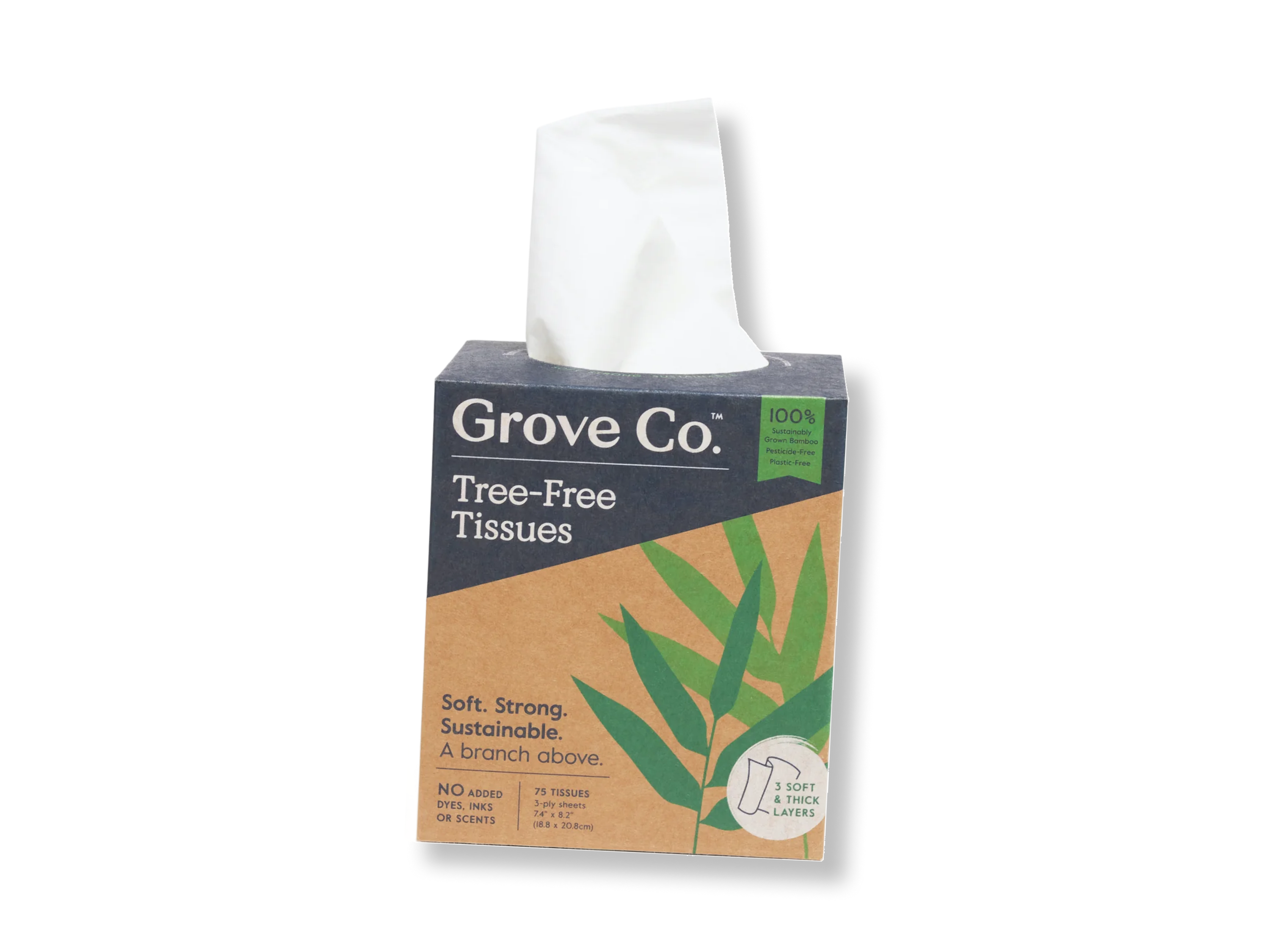 A box of Grove Co. Tree-Free Tissues with a tissue sticking out. The packaging is brown and green, featuring a leaf design and text promoting its softness, strength, and sustainability.