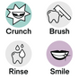 Four circular icons labeled Crunch, Brush, Rinse, and Smile—ideal for illustrating plastic-free dental habits with Unpaste Fluoride Mint Toothpaste Tablets. Features include biting mouth, brush on tooth, drops on tooth, and smiling mouth.