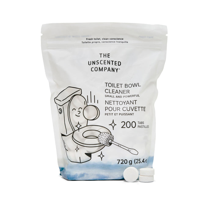 A white bag of The Unscented Company Toilet Bowl Cleaning Tabs contains 200 vegan tabs. The packaging shows a toilet, a hand with a brush, and two white cleaning tablets—promoting sustainable hygiene.