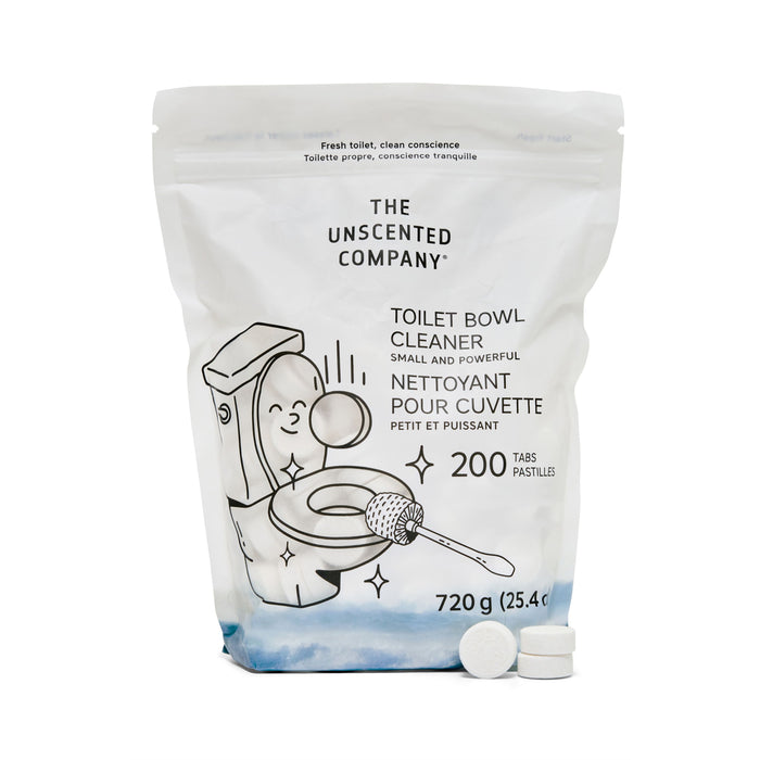 A white bag of The Unscented Company Toilet Bowl Cleaning Tabs contains 200 vegan tabs. The packaging shows a toilet, a hand with a brush, and two white cleaning tablets—promoting sustainable hygiene.