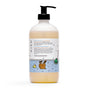 A clear pump bottle of The Unscented Company's Kids Shiny Shampoo with a cartoon label showing a brown bunny, yellow duck, and green frog in a blue water scene. The label lists natural ingredients and product information.