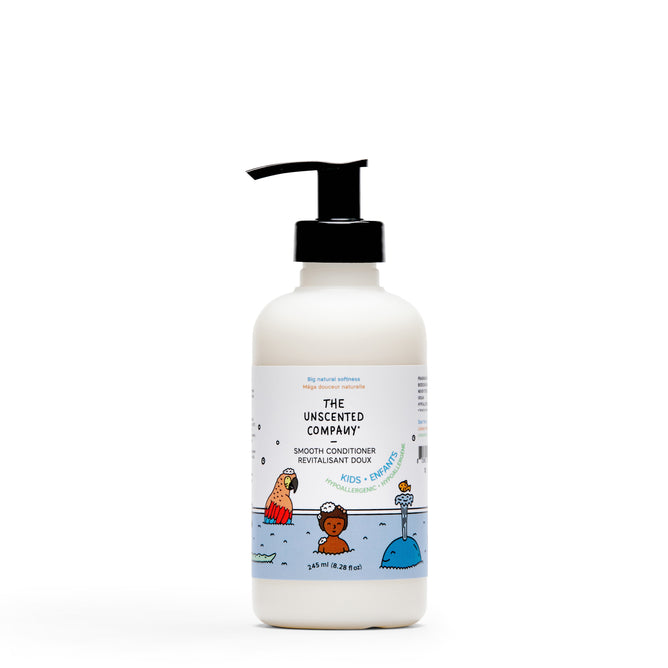 A 240 mL white pump bottle of The Unscented Company Kids Smooth Conditioner, featuring a colorful label with cartoon children and outdoor scenes. Hypoallergenic formula made with naturally derived ingredients.