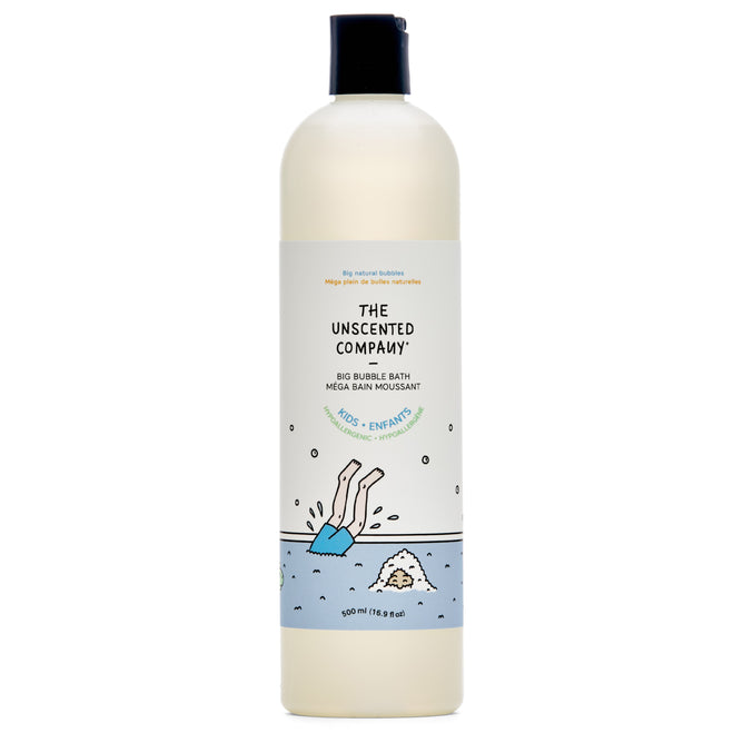 A 500 ml bottle of The Unscented Company Kids Big Bubble Bath, hypoallergenic with a white bottle, black cap, and a playful label of cartoon legs in blue bubbles, offers gentle, fun bubble baths for kids.