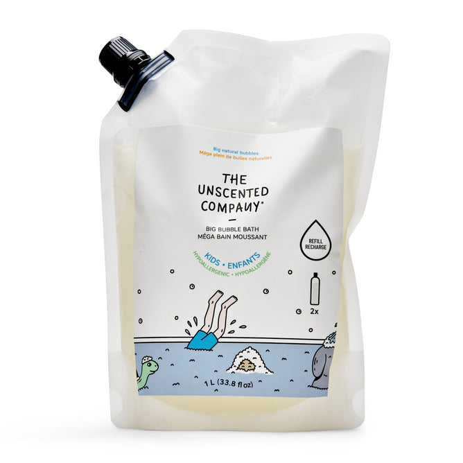 The Unscented Company Kids Big Bubble Bath Refill Bag (1L) features playful child, turtle, and frog illustrations on a white pouch with a black spout. Enjoy hypoallergenic, gentle bubbles—perfect for kids’ bath time fun!.