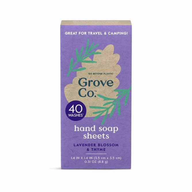 A purple box of Grove Co. Hand Soap Sheets (40 Washes) (VIP), Lavender Blossom & Thyme scent, features green leaf art and notes its eco-friendly and ideal for travel or camping.