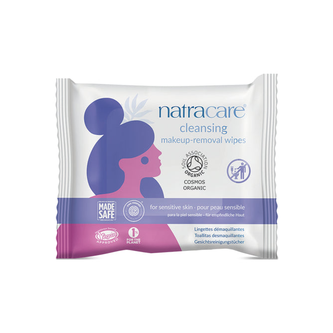 A pack of Natracare Cleansing Make Up Removal Wipes for sensitive skin, featuring a stylized woman with a bun, COSMOS certified logos, and front product details to gently remove make-up.
