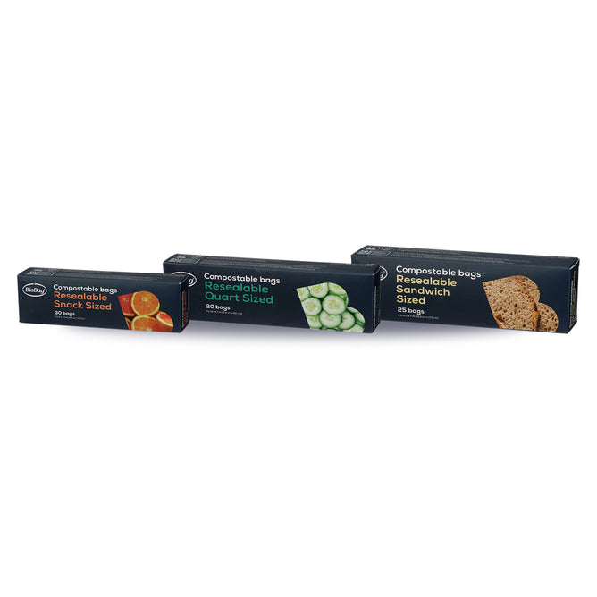 The BioBag Resealable Food Storage Bag Set includes snack, quart, and sandwich sizes with food images on a white background. These compostable bags are ideal for eco-friendly storage.