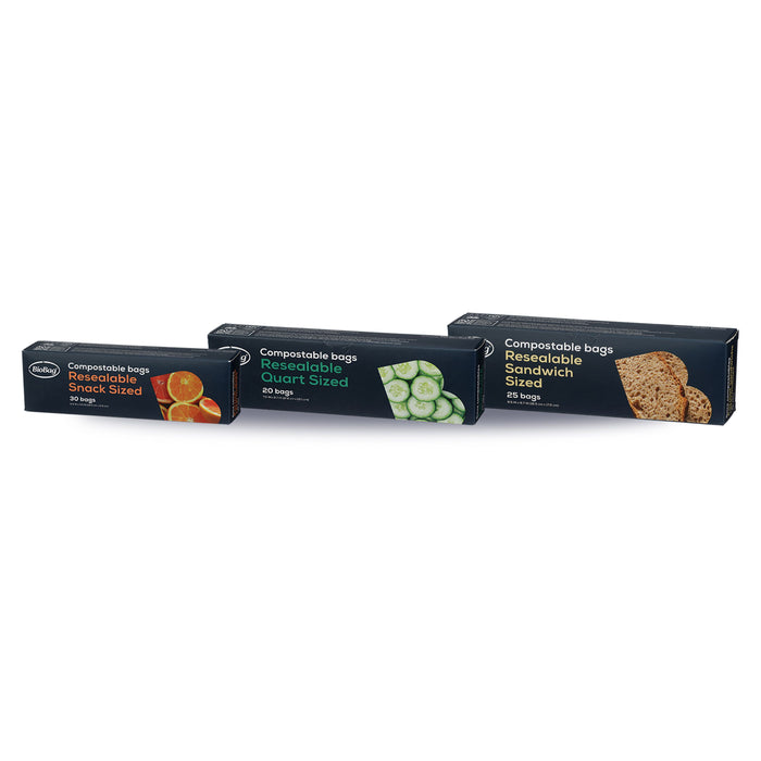 The BioBag Resealable Food Storage Bag Set includes snack, quart, and sandwich sizes with food images on a white background. These compostable bags are ideal for eco-friendly storage.