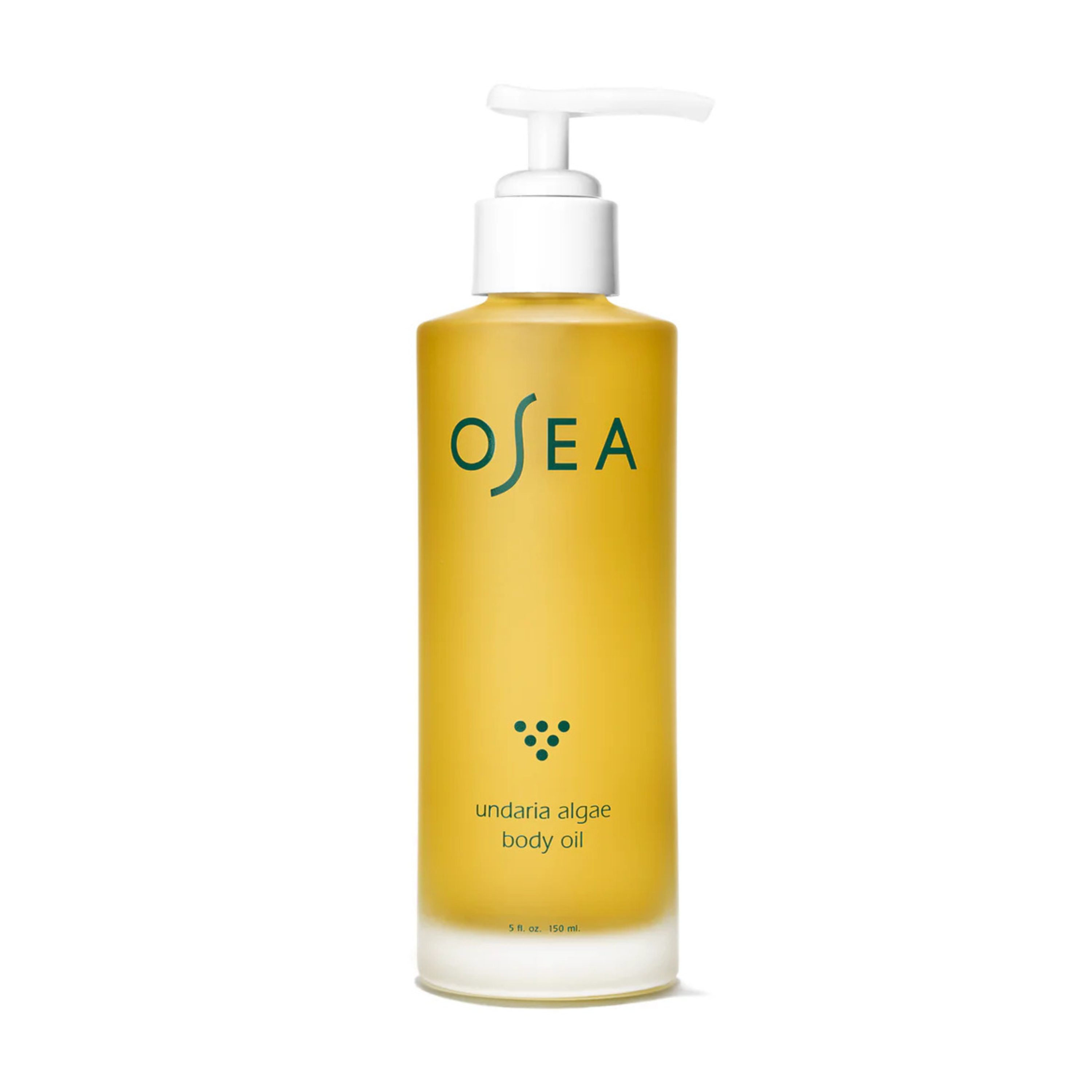 A clear bottle with a pump dispenser filled with yellow liquid, labeled OSEA undaria algae body oil. The bottle has simple green text and a minimalist design.