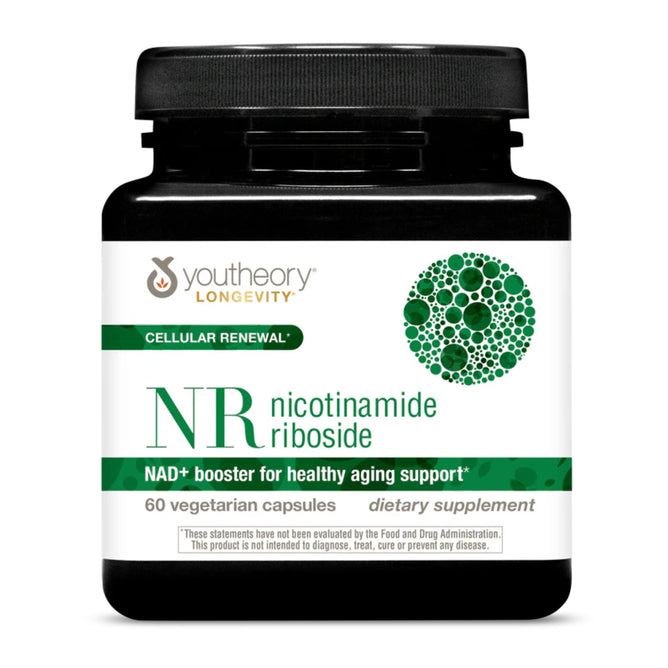 A black bottle of Youtheory NR Nicotinamide Riboside Capsules, an NAD+ booster for cellular renewal and healthy aging, contains 60 vegetarian capsules.