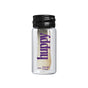 A clear glass container with a black lid holds Huppy's Vegan Mint Floss. "huppy" is written vertically in large purple letters, with "Dental Floss" in smaller text at the bottom.