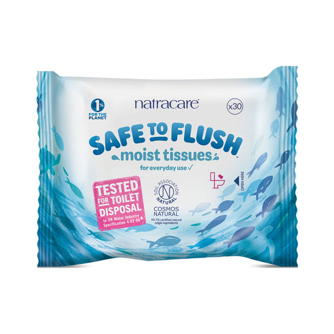 Natracare Flushable Moist Tissues are COSMOS natural certified, safe for toilet disposal, and gentle on sensitive skin—ideal flushable wipes for daily use. Ocean wave graphics with fish decorate the pack.