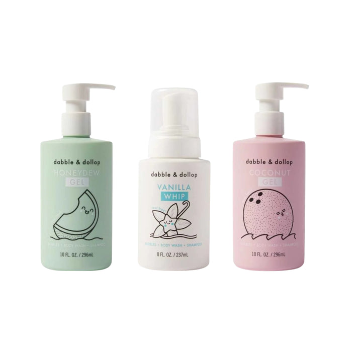The A Day at the Beach Bath Bundle (TEST) by Grove Collaborative includes three pump-top bottles: green Honeydew Gel with a melon, white Vanilla Whip with a flower, and pink Coconut Gel with a coconut illustration.