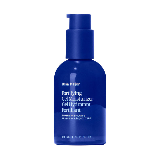 A blue bottle of Ursa Major Fortifying Gel Moisturizer with a pump, featuring white text with the product name and size (50 ml / 1.7 fl oz)—a refreshing moisturizer with soothing aloe for your skincare routine.