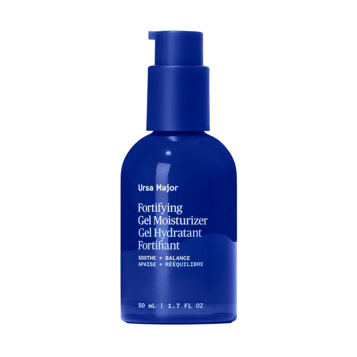 A blue bottle of Ursa Major Fortifying Gel Moisturizer with a pump, featuring white text with the product name and size (50 ml / 1.7 fl oz)—a refreshing moisturizer with soothing aloe for your skincare routine.