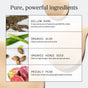 A chart titled Pure, powerful ingredients spotlights willow bark, organic aloe, organic kendi seed, and prickly pear with photos on a beige liquid background, capturing Ursa Major’s Fortifying Gel Moisturizer and its refreshing skincare benefits.