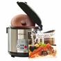 A stainless steel VitaClay® Chef 4-in-1 Organic Rice N’ Slow Cooker in Clay Pot (model VF7700) is shown with its lid open, displaying the inner clay pot that underlines its function as a premium rice cooker. In front of it sits a “Savor your life! with VitaClay” cookbook, featuring a plated meal on the cover.