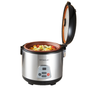 A VitaClay® Chef VITACLAY 4-IN-1 ORGANIC RICE N’ SLOW COOKER IN CLAY POT VF7700 sits with its lid open, displaying a mix of vegetables inside. The appliance’s user-friendly control panel and digital display are clearly visible on the front of this organic rice cooker.
