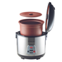 A VitaClay® Chef VITACLAY 4-IN-1 ORGANIC RICE N’ SLOW COOKER IN CLAY POT VF7700 with its stainless steel exterior is shown with the lid open, revealing a removable brown clay pot and matching lid positioned above it. The digital display reads 2:20, emphasizing the cooker’s fusion of modern technology and traditional clay-based cooking.