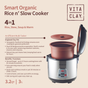 A VitaClay® Chef VITACLAY 4-IN-1 ORGANIC RICE N’ SLOW COOKER IN CLAY POT VF7700 is displayed with its lid open, revealing the clay pot inside. Text on a beige background highlights this organic rice cooker’s 4-in-1 functions, benefits, and key features.