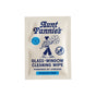 Aunt Fannie's Glass + Window Cleaning Wipe - Sample packet features a blue illustration of a woman cleaning, highlights streak-free results with vinegar and clean ingredients, and is labeled safe for people and pets.