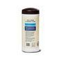 Aunt Fannie's Glass + Window Cleaning Wipes come in a cylindrical container with a dark brown lid and a beige label featuring instructions, ingredients, and recycling info on the back.