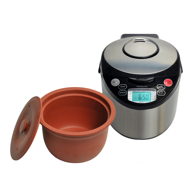 The VitaClay® Chef VITACLAY 7-IN-1 SMART ORGANIC MULTI-COOKER VM7900, a stainless steel multi-purpose kitchen appliance, is shown with a digital display reading 6:50, accompanied by its removable brown inner pot and matching lid. This versatile device functions as a rice cooker, slow cooker, digital steamer, and yogurt maker.