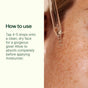 A dropper applies Plant Therapy Vitamin C with Hyaluronic Acid Facial Serum to a person’s cheek. Text explains to use 4-5 drops of the serum on a clean, dry face, let it absorb, then follow with moisturizer.