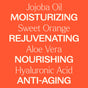 Text on orange background listing skincare ingredients and benefits: Jojoba Oil MOISTURIZING, Sweet Orange REJUVENATING, Aloe Vera NOURISHING, Hyaluronic Acid ANTI-AGING, and Vitamin C BRIGHTENING—all featured in Plant Therapy’s Vitamin C with Hyaluronic Acid Facial Serum.