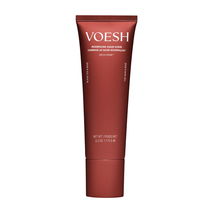 A 6.2 oz (175 g) tube of VOESH Resurfacing Sugar Scrub, inspired by Korean beauty rituals, is shown on a white background.