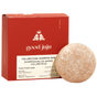 A round, beige Volumizing Shampoo Bar by Good Juju Body & Home sits before a red box. Made for oily/fine hair, it features bergamot and pink grapefruit to support natural hair growth.