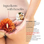 A person in nude clothing holds an orange flower at their lower abdomen. Inset images and text highlight Foria Vibrance Melts with Organic Botanicals like raspberry leaf, chamomile, cacao butter, and MCT coconut oil for hydration.