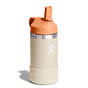 A Hydro Flask Kids Stainless Steel Wide Mouth Bottle, 12 oz, in beige and orange, features a straw cap with a handle and metallic accent. Its BPA-free design has double-wall vacuum insulation, casting a shadow on a white background for a stylish look.