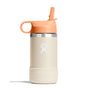 The Hydro Flask Kids Stainless Steel Wide Mouth Bottle, 12 oz, in beige and peach, features a straw cap with a handle. Its BPA-free with double-wall vacuum insulation to keep drinks cold, featuring a white logo and textured base for grip.