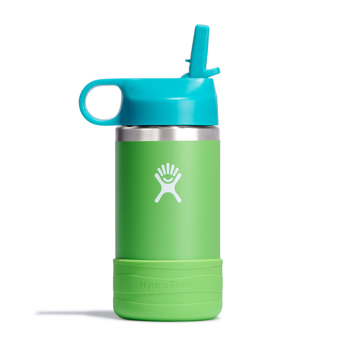 A Hydro Flask Kids Stainless Steel Wide Mouth Bottle, 12 oz, in green with a turquoise lid and flexible straw. The BPA-free bottle has a carrying loop, Hydro Flask logo, and double-wall vacuum insulation to keep drinks cold.