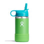 A Hydro Flask Kids Stainless Steel Wide Mouth Bottle, 12 oz, in green with a turquoise lid and flexible straw. The BPA-free bottle has a carrying loop, Hydro Flask logo, and double-wall vacuum insulation to keep drinks cold.