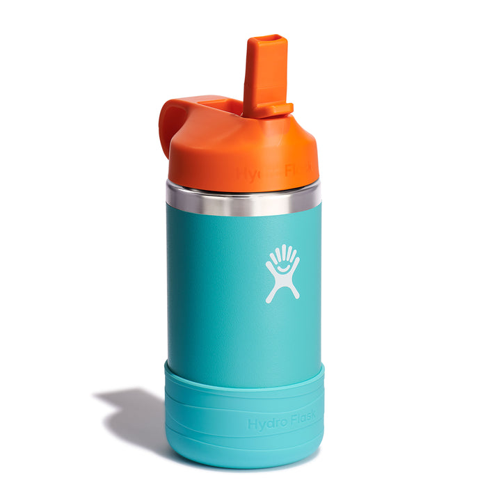 A Hydro Flask Kids Stainless Steel Wide Mouth Bottle, 12 oz, features a teal body with an orange straw cap and boot. This BPA-free bottle has double-wall vacuum insulation, a sturdy base, and displays the Hydro Flask logo.