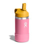 The Hydro Flask Kids Stainless Steel Wide Mouth Bottle with Straw Cap & Boot is a 12 oz pink water bottle featuring double-wall vacuum insulation, a stainless steel rim, a BPA-free yellow flip-top lid, and a logo of a stylized person with outstretched arms.