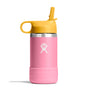A Hydro Flask Kids Stainless Steel Wide Mouth Bottle, 12 oz, features double-wall vacuum insulation. It has a pink body, a yellow straw cap with a handle, and displays a white logo of a stylized person. BPA-Free with cushioning at the base, it stands against a plain white background.