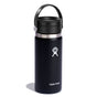 The 16 oz Hydro Flask Wide Mouth Bottle with Flex Sip Lid™ for coffee and tea features TempShield double-wall vacuum insulation, a matte black finish, a handle on the flip lid, and proudly displays the Hydro Flask logo.