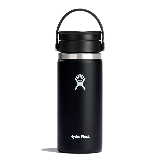 A 16 oz black insulated stainless steel Hydro Flask bottle with a silver cap and black handle, showcasing a white logo of a stylized figure with outstretched arms. It uses TempShield double-wall vacuum insulation to keep hot drinks piping hot.