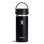 A 16 oz black insulated stainless steel Hydro Flask bottle with a silver cap and black handle, showcasing a white logo of a stylized figure with outstretched arms. It uses TempShield double-wall vacuum insulation to keep hot drinks piping hot.