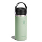 A Hydro Flask Wide Mouth Bottle with Flex Sip Lid™, 16 oz, in light green, stands upright. It showcases the brand logo and name. This insulated stainless steel bottle features TempShield® double-wall vacuum insulation, ideal for keeping hot drinks piping hot.